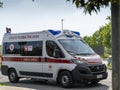 Ambulance in the streets of the city to provide first aid to the population. Ambulance service. Italian red cross