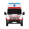 Ambulance van flat vector front view. Help emergency auto red transportation rescue