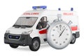 Ambulance van with stopwatch. 3D rendering Royalty Free Stock Photo