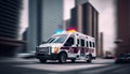 Ambulance Van on a wide city street. White emergency vehicle with warning lights and siren moving fast an avenue Royalty Free Stock Photo