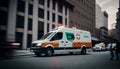 Ambulance Van on a wide city street. White emergency vehicle with warning lights and siren moving fast an avenue Royalty Free Stock Photo