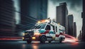 Ambulance Van on a wide city street. White emergency vehicle with warning lights and siren moving fast an avenue Royalty Free Stock Photo