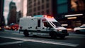 Ambulance Van on a wide city street. White emergency vehicle with warning lights and siren moving fast an avenue Royalty Free Stock Photo