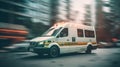 Ambulance Van on a wide city street. White emergency vehicle with warning lights and siren moving fast an avenue. AI Royalty Free Stock Photo