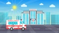 Ambulance vector with a hospital in an urban area. An ambulance carrying patients and getting into the hospital on a sunny day