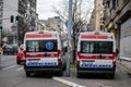 Ambulance vehicle on the street, securing public event in Belgrade