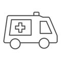 Ambulance vehicle thin line icon. Hospital bus or help emergency transport symbol, outline style pictogram on white Royalty Free Stock Photo