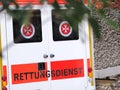 Nuremberg, Germany - August 14, 2019: Ambulance writing on the back of a German ambulance van