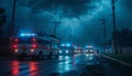 Ambulances lined up on a wet street during a thunderstorm with lightning in the dark night sky Royalty Free Stock Photo
