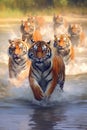 An ambush pride of tigers running across a river