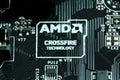 AMD Crossfire technology logo on a motherboard Royalty Free Stock Photo