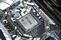 Amd ryzen 3600 desktop pc cpu installed on hi tech motherboard,computer components chip Royalty Free Stock Photo