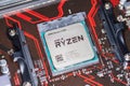 AMD Ryzen processor chip on an Asus prime 350 plus mainboard. Royalty Free Stock Photo