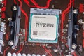 AMD Ryzen processor chip on an Asus prime 350 plus mainboard. Royalty Free Stock Photo