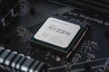 AMD Ryzen 5 3600 Processor close up in the X570 motherboard socket. New Zen 2, 7 nanometer desktop processor by AMD. Royalty Free Stock Photo