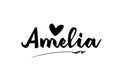 Amelia name text word with love heart hand written for logo typography design template