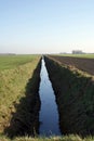 Ameliorative Canal Ditch In Green Agricultural Field Meadow.