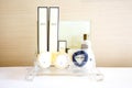 Amenities kit on shelf in bathroom Royalty Free Stock Photo