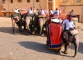 Amer Fort or Amber Fort. Decorated elephants and elephant riders waiting for tourists