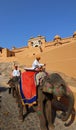 Amer Fort or Amber Fort. Decorated elephants and elephant riders waiting for tourists