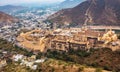 Amer Fort with Jaipur cityscape in aerial view as seen from Jaigarh Fort at Rajasthan, India