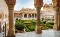 Amer Fort medieval royal palace made of white marble with garden at Jaipur, Rajasthan, India