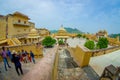 Amer, India - September 19, 2017: Unidentified people walking in the plaza and enjoying the gorgeous view of the old Royalty Free Stock Photo