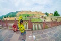 Amer, India - September 19, 2017: Unidentified women walking and enjoying the view of Maota Lake in Amber Fort in Jaipur