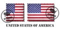 America or american flag pattern postage stamp with grunge old scratch texture and affix a seal on isolated background . Black col