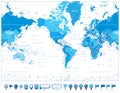 America Centered World Map Blue Color and 3D glossy icons Royalty Free Stock Photo