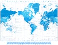 America Centered World Map Blue Color and flat icons Royalty Free Stock Photo