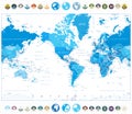 America Centered World Map Blue Color and round flat icons Royalty Free Stock Photo