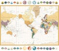 America Centered World Map with flat icons and globes.Vintage Royalty Free Stock Photo