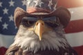 America Eagle Wearing Hat And Sunglasses Against American Flag Created With Generative AI Technology