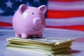 America economics, budget, saving and investment concept. Piggy bank and US Dollar bills against United States national flag Royalty Free Stock Photo
