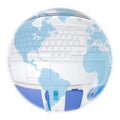 America globe over a laptop and blue things