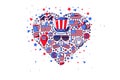 Heart shaped festival holiday elements and items in American flag colors. July 4th Independence Day firework. Patriotic holiday in Royalty Free Stock Photo