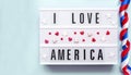 America love logo. I love America written in light box  Happy Independence Day of United States Royalty Free Stock Photo