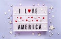 America love logo. I love America written in light box  Happy Independence Day of United States Royalty Free Stock Photo