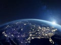 America at night viewed from space with city lights showing activity in United States. 3d render of planet Earth. Elements from Royalty Free Stock Photo