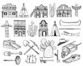 America Old West set. Native American Indians, town houses and mining objects. Hand drawn outline vector illustration