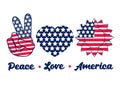 America Peace Love, Patriotic sign. American flag in Sunflower design. Hippie symbol, finger Victory. 4th of July