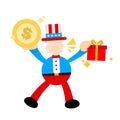 Uncle sam america people pick gold coin money and gift box cartoon doodle flat design vector illustration