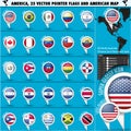 America Pointer Flag Icons with american Map set1