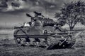 America`s M4 Sherman Tank a WWII War Machine in action at Sandstone Estates in black and white.