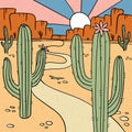 America wild west nature dusty desert landscape with arizona prairie, cactuses and canyon rocks. Outline vector hand