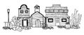 America Wild West town street view with cactuses. Hand drawn outline sketch doodle vector illustration Royalty Free Stock Photo