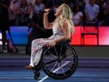 American actress and singer Ali Stroker performs the National Anthem on Opening Night at the 2019 US Open