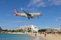 Airplane flying over Maho Beach, Sint Maarten, Dutch Caribbean