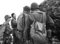 American allied soldiers in trench uniforms fight German enemies along the Gothic Line in a historical reenactment